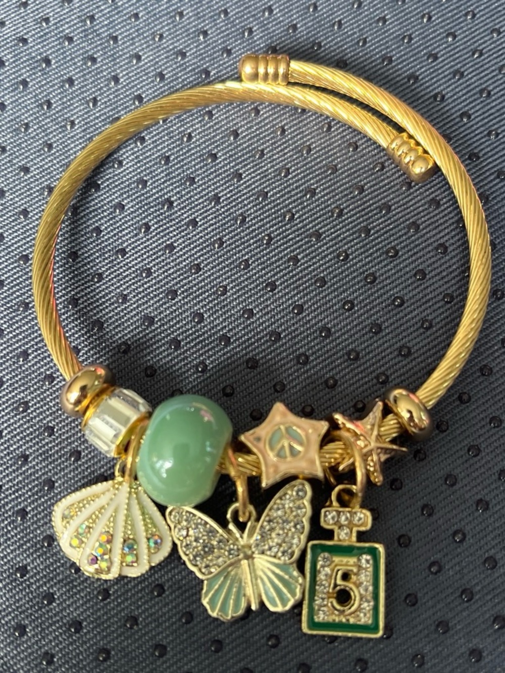 Gold-Tone Green Charm Bangle Bracelet with Butterfly & Shell Charms